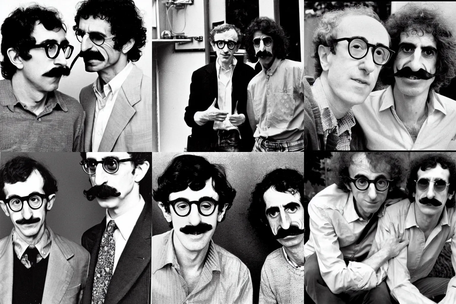 Prompt: a young Woody Allen with Frank Zappa\'s mustache, easy, famous, glossy, bizarrrrrre