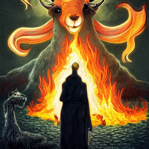 Image similar to the devastating wise goat throught the flames, dystopic, fantasy, h.p. Lovecraft, highly detailed, HD, 8k