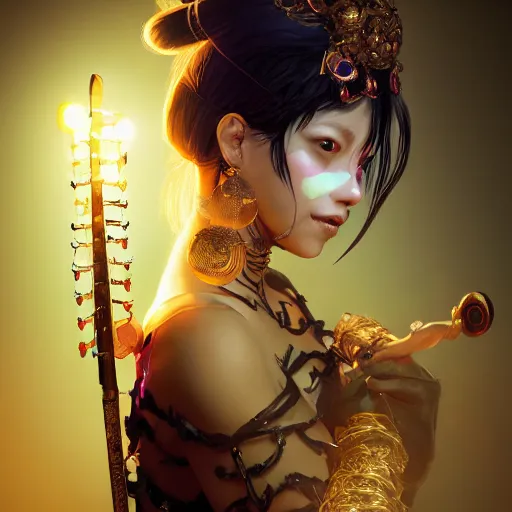 Image similar to the portrait, masked female violinist, exotic costumes, gold jewelry, black hair ， illustration by wenjun lin, irakli nadar, bright colors, octopath traveler, wenjun lin, unreal engine 5 highly rendered, global illumination, radiant light, detailed and intricate environment