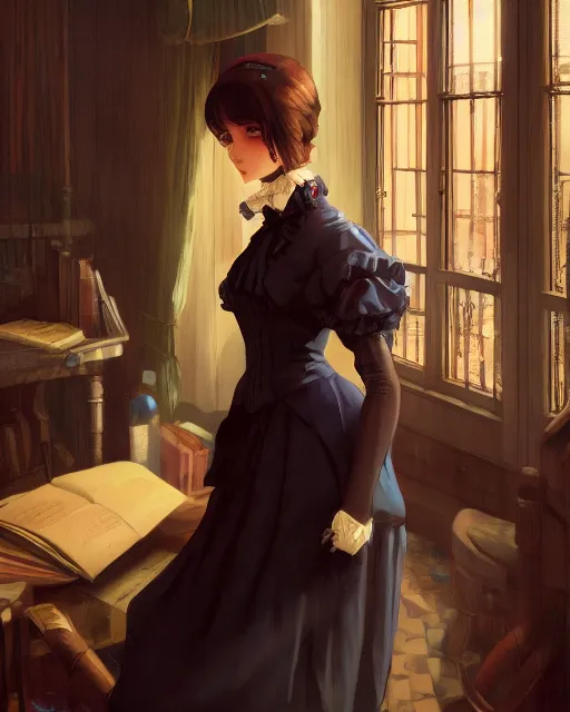 Image similar to a portrait of a victorian maid, victorian reading room, vivid colors, soft lighting, atmospheric, cinematic, moody, in the style of Ilya Kuvshinov and Range Murata, Krenz Cushart, oil on canvas, anime, 8K