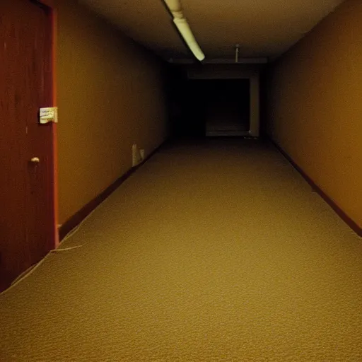 Image similar to flash low quality photograph of the backrooms, mustard - yellow old moldy moist carpet room, empty liminal space, very dark shadows, broken fluorescent lighting, horror movie scene, film grain