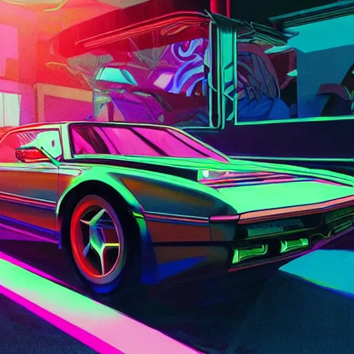 Image similar to vaporwave and retro 80's, car with holographic paint, pearlescent, elegant, digital painting, concept art, smooth, sharp focus, art style from Wang Ke and Greg Rutkowski and Bruce Kaiser and Scott Robertson and Dmitry Mazurkevich and Doruk Erdem and Jon Sibal, small style cue from Cyberpunk 2077