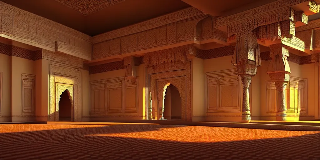 Prompt: a 3 d concept art of an indian palace by oliver beck, hyper realism, extremely detailed, atmospheric