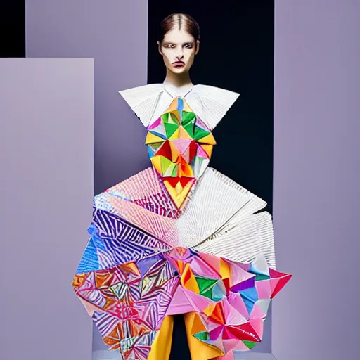 Image similar to portrait of a beautiful model wearing origami themed paper flower and geometric shapes haute couture by issey miyake