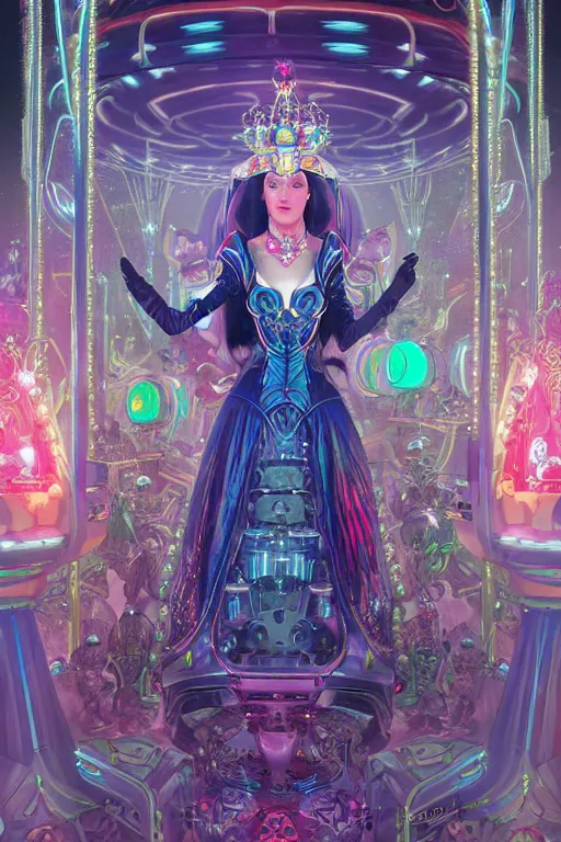 Image similar to ethereal cybernetic empress tsarina wearing futuristic sentient alien carousel crown in the fantasy amusement carnival, extremely detailed, sharp focus, wide view, full body shot, smooth, digital illustration, by dan mumford. james jean, by rossdraws, frank franzzeta, sakimichan