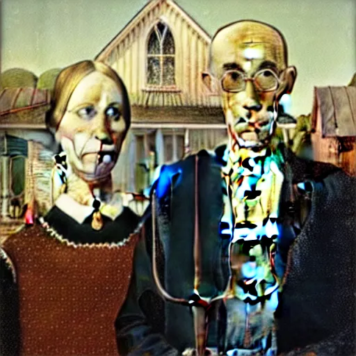Prompt: “A couple of grim farmer robots in the style of American Gothic, 1930 painting by Grant Wood, Royal Academy of Arts”