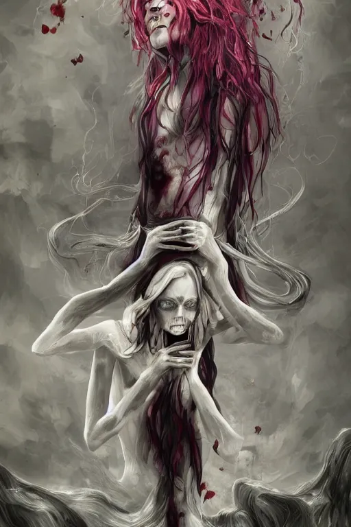 Prompt: A girl with a marble face, flowing silver-violet hair, stands with her arms spread out against the background of a blood-purple cloud, red streams flow through her body, skulls and bones of hands crawl out of the ground, dark red drops fly around, Anachronism, painting, dark fantasy, steampunk, 4k