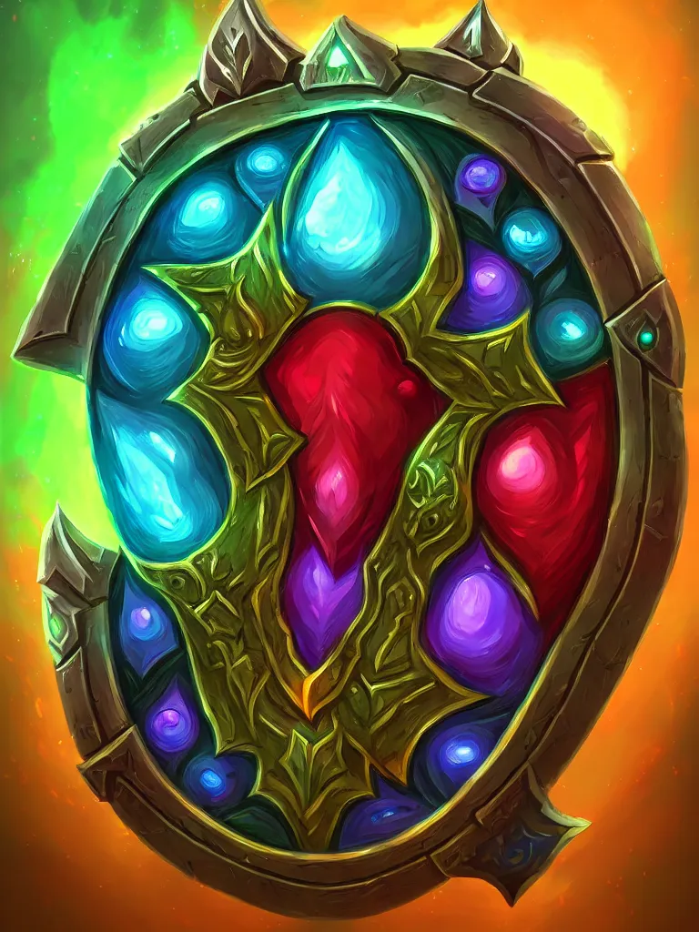 Image similar to square bright shield of warcraft blizzard shield art, a spiral colorful gems shield. bright art masterpiece artstation. tree and roots shield, 8 k, sharp high quality illustration in style of jose daniel cabrera pena and leonid kozienko, green colored theme, concept art by tooth wu, card frame