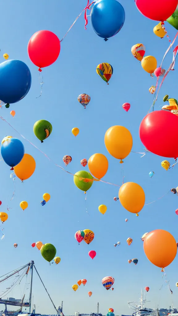 Image similar to photo of a lot of birthday balloons floating above a beautiful maritime port. sharp focus, highly - detailed, award - winning