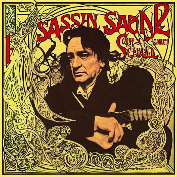 Image similar to album cover for the Johnny Cash and Snake Oil colab record. Snake oil, quackery, folk medicine, scamming, beautiful album cover with no text, artwork by Alphonse Mucha, snake oil