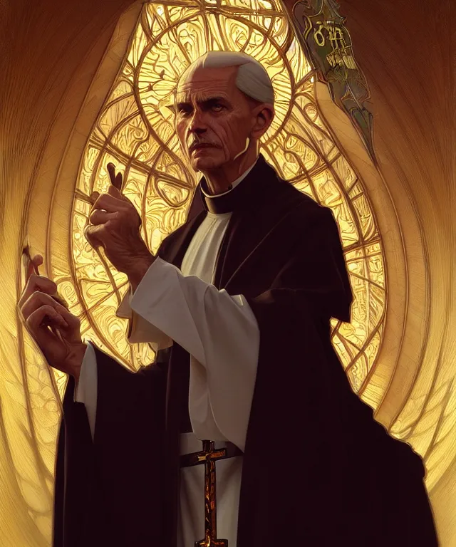 Image similar to a greedy preacher, an evil Catholic priest, portrait, intricate, elegant, highly detailed, digital painting, artstation, concept art, smooth, sharp focus, illustration, art by artgerm and greg rutkowski and alphonse mucha