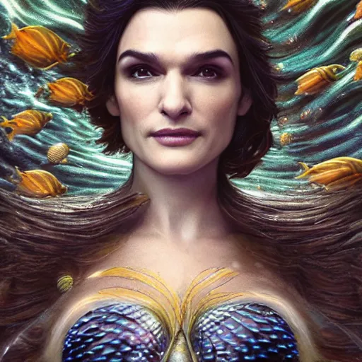 Image similar to rachel weisz portrait, fantasy, mermaid, hyperrealistic, game character, underwater, highly detailed, sharp focus, cinematic lighting, pearls, glowing hair, shells, gills, crown, water, highlights, starfish, jewelry, realistic, digital art, pastel, magic, fiction, ocean, king, colorful hair, sparkly eyes, fish, heroic, god, waves, bubbles