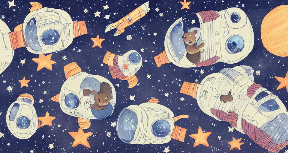 Image similar to back view of baby guineapigs on the cover of vogue magazine flying in space suits, deep dark universe, twinkling and spiral nubela, warmhole, beautiful stars, 4 k, 8 k, by hokusai, samurai man vagabond, detailed, editorial illustration, matte print, concept art, ink style, sketch, digital 2 d