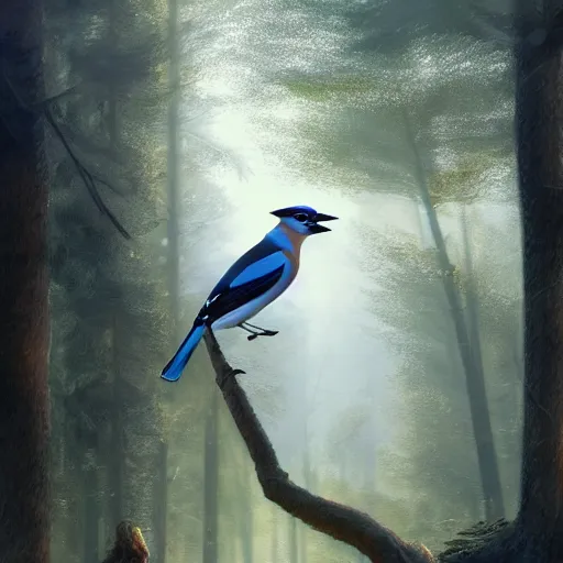 Image similar to european jay, garrulus glandarius, arrendajo. in avila pinewood, 4 k, concept art, by wlop, ilya kuvshinov, artgerm, krenz cushart, greg rutkowski, pixiv. cinematic dramatic atmosphere, sharp focus, volumetric lighting, cinematic lighting, studio quality