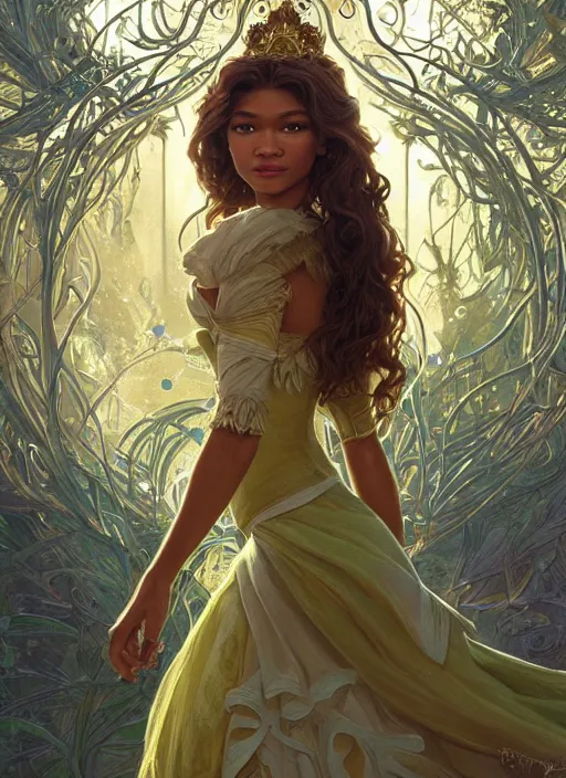 Prompt: beautiful zendaya as tiana princess disney, intricate, elegant. highly detailed, digital painting, artstation, concept art, smooth, sharp, focus, illustration, art by artgerm and greg rutkowski and alphonse mucha