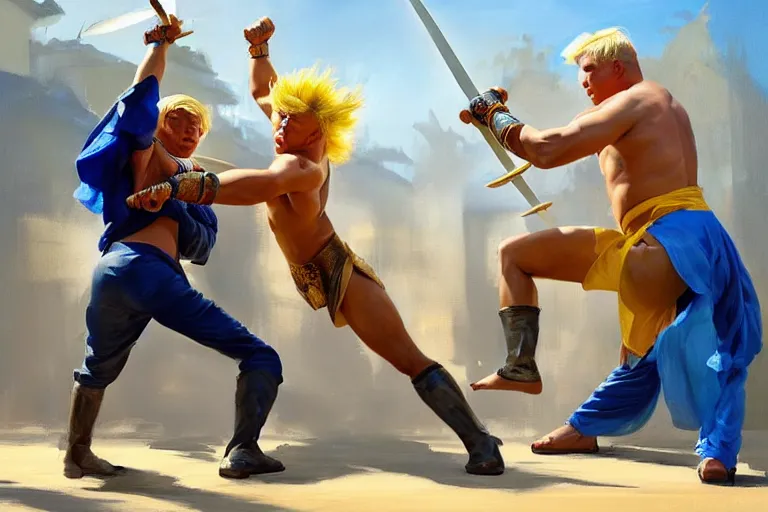 Image similar to greg manchess painting of a sword fight between a filipino wrestler and a blond man in a blue suit, organic painting, sunny day, matte painting, bold shapes, hard edges, street art, trending on artstation, by huang guangjian, gil elvgren, ruan jia, randy vargas, greg rutkowski