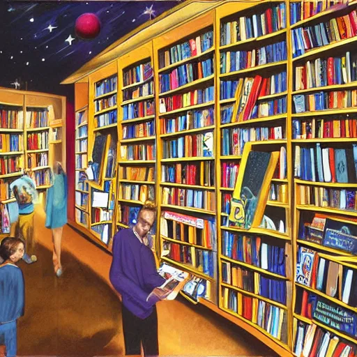 Image similar to panting of book store in space