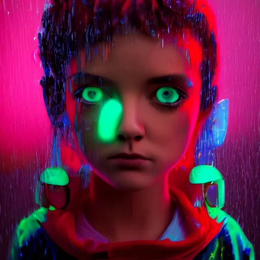 Image similar to cartoon portrait made out of rain, neon, rendered in octane, unreal engine, highly detailed, realistic, beautiful, emotional, trending on artstation