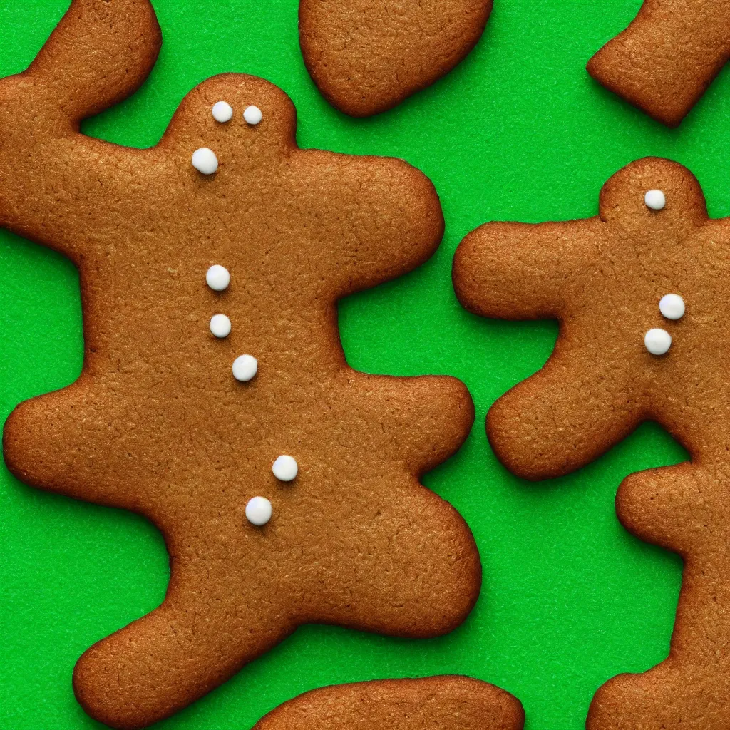 Image similar to top-down view of a cute gingerbread man on top of a green surface, 8k, high detail, photorealistic, proper shading