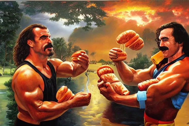 Image similar to portrait of wwf rick rude and wwf jake roberts sharing hotdogs, an oil painting by ross tran and thomas kincade