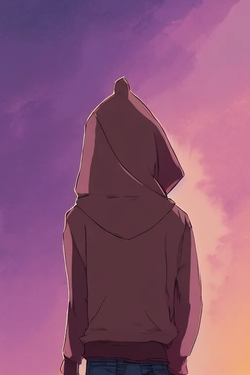 Image similar to young man in a purple hoodie, back view, messy short brown hair, colourful, 8 k, anime, ghibli style, graphic novel, digital art trending on artstation