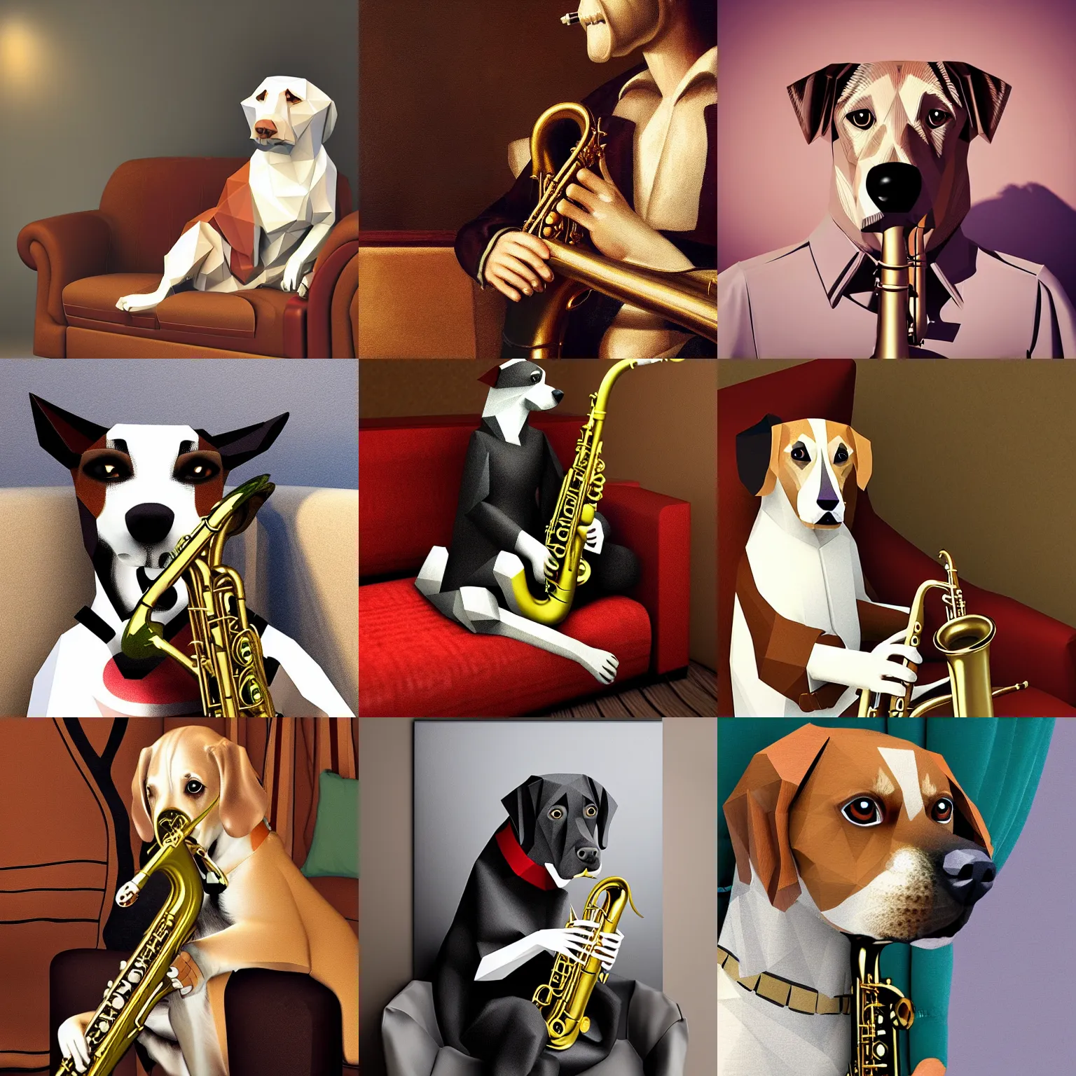 Prompt: dog playing the saxophone, sofa in the background, medieval portrait, low poly, close up