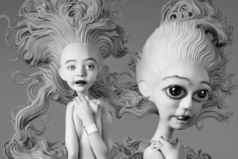 Prompt: 3 d full head and shoulders beautiful white porcelain woman with big eyeballs all through her hair, ornate detailed hair, 3 d swirling hair by theodor seuss geisel and daniel arsham and xiang duan, simon stalenhag john waters, dr seuss kim jung gi, on a white background