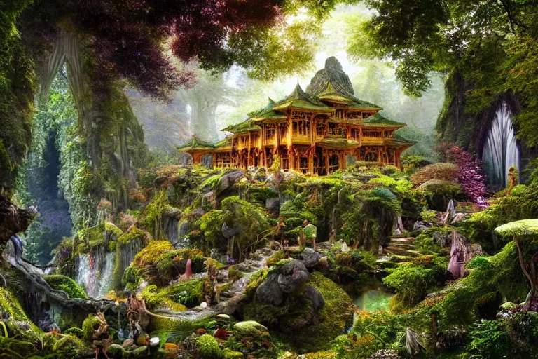 Prompt: a beautiful and highly detailed digital painting of a crystal temple in lush forest in the mountains of rivendell, psychedelic, celtic, intricate details, epic scale, insanely complex, 8 k, sharp focus, photorealism, artstation, cgsociety, by caspar friedrich, albert bierstadt, james gurney, brian froud,