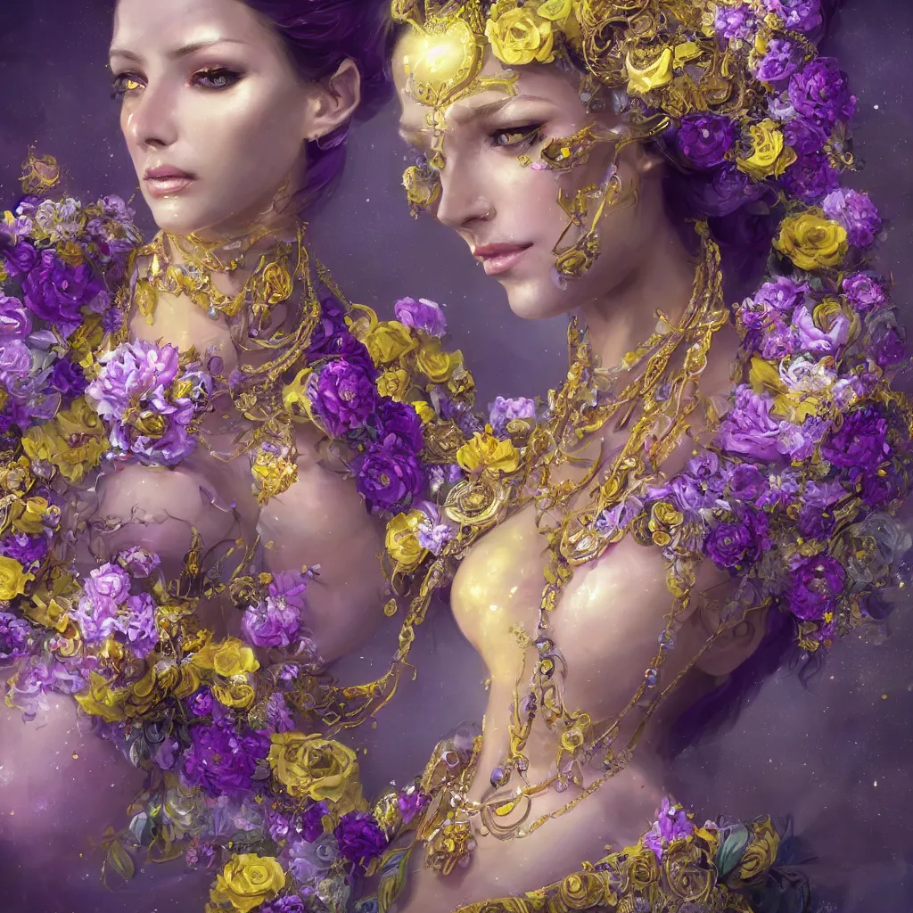 Prompt: realistic character concept, the empress with lots of jewelry and yellow and purple flowers in the face, elegant pose, scifi, illustration, slender symmetrical face and body, artstation, cinematic lighting, hyperdetailed, 8 k, high resolution, inspirate by charlie bowater, tom bagshaw, insanely detailed and intricate, elegant, dark fractal background, vfx, art deco, postprocessing