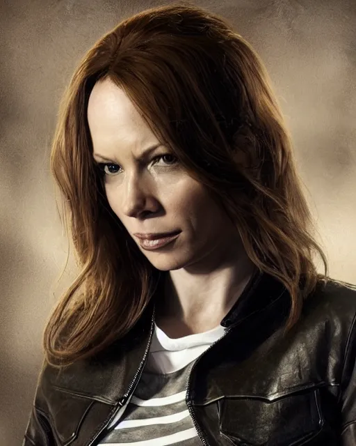 Prompt: Rebecca Ferguson in sons of anarchy tv show, wearing samcrow leather jacket, D&D style , highly detailed, digital art, trending on artstation, smooth, sharp focus, illustration, art by artgem and ROBERT HYNES