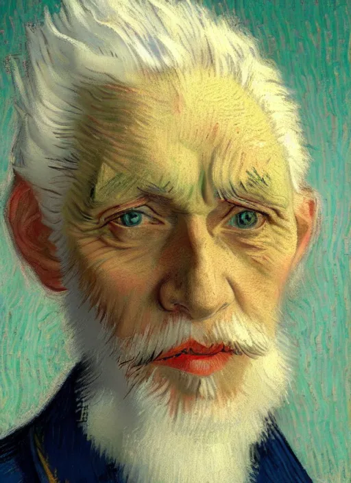 Image similar to portrait of a very old sailor with white hair, detailed realism face in painting, detailed beautiful portrait, expressionist oil painting masterpiece, 8 k resolution, smooth, sharp focus, pastel color palette, trending on artstation, by van gogh