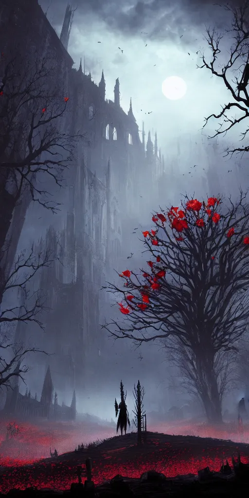 Image similar to abandoned bloodborne old valley with a obscure person at the centre and a ruined gothic city in the background, trees and stars in the background, falling red petals, epic red - orange moonlight, perfect lightning, wallpaper illustration by niko delort and kentaro miura, 4 k, ultra realistic