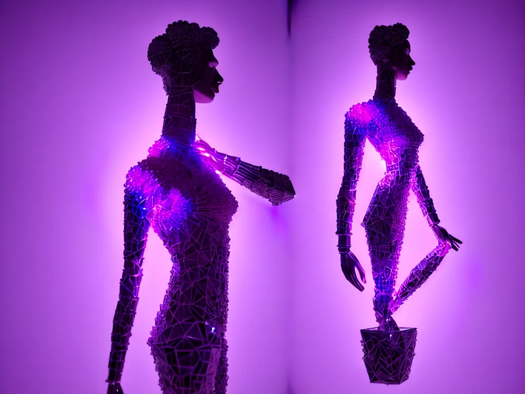 Image similar to beautiful mannequin sculpted out of amethyst by billelis + lit with purple 3 d geometric neon + chrome geometric cubed bonsai plants!!!!, doorway opening with neon pink geometric light, clean linework, dramatic, finely detailed, rule of thirds, moody, confident, award winning, 4 k, trending on artstation, photorealistic, volumetric lighting, octane render