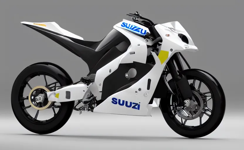 Image similar to suzuki prototype, dakar motorbike, symmetrical mechanical features, designed by pininfarina, fog and dirt, industrial design, northen lights background, brushed white and blue paint, black wheel rims, hard surfaces modelling, mechanical engine, show room scene, dramatic lighting, hyper realistic rendering, made in fusion 3 6 0, bokeh effect, 1 5 0 mm, 4 k