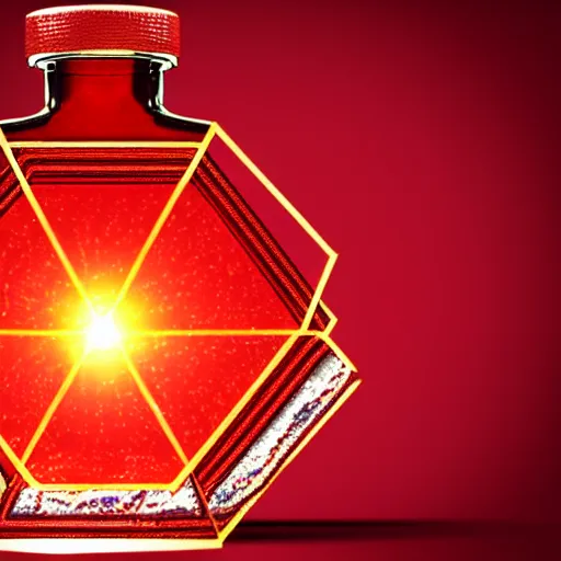 Image similar to The legendary Blood-Red Sparkling health potion in a hexagonal bottle fuming from its opening, golden lace pattern, photorealistic render