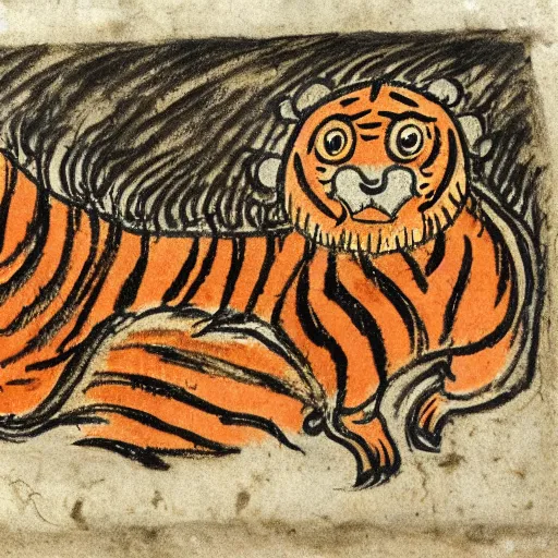 Prompt: bad drawn tiger made of smoke, lava and fire flying in the sky with many legs in a medieval manuscript, medieval manuscript, golden miniatures