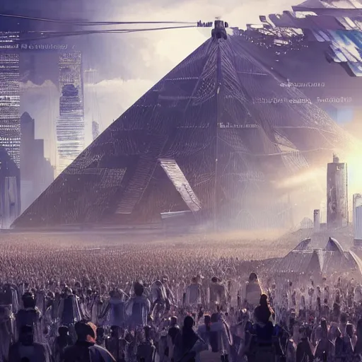 Prompt: detailed intricate epic atmospheric illustration hyper detailed, millions of robot android workers standing in a crowd surrounding a gleaming steel and glass pyramid reflecting the bright sun, in a future city