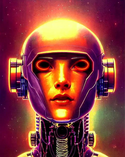 Image similar to cyberpunk robot, character portrait, portrait, close up, concept art, intricate details, soft glow, highly detailed, vintage sci - fi poster, in the style of chris foss, rodger dean, moebius, michael whelan, and gustave dore