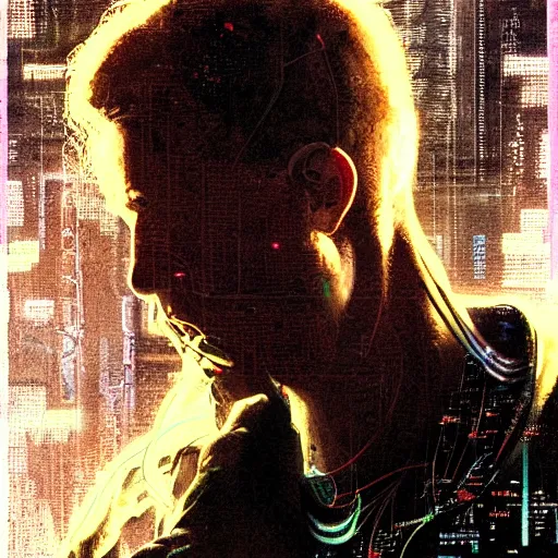 Image similar to Case from the novel Neuromancer, addicted, heavy smoker, portrait shot, wires, cyberpunk, movie illustration, poster art by Drew Struzan