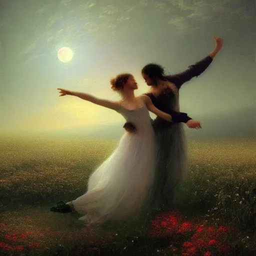Prompt: the moonlit dance of the fae, dancers in white dancing across a flower meadow the moonlit dance by elena vizerskaya and ivan aivazovsky, perfectly detailed, artstation, sharp focus, highly detailed