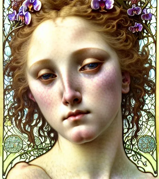 Prompt: beautiful young orchid fairy detailed realistic porcelain face portrait by jean delville, alphonse mucha, iris van herpen and charlie bowater, art forms of nature by ernst haeckel, art nouveau, symbolist, visionary, gothic, neo - gothic, pre - raphaelite, fractal lace, intricate alien botanical biodiversity, surreality, hyperdetailed ultrasharp octane render