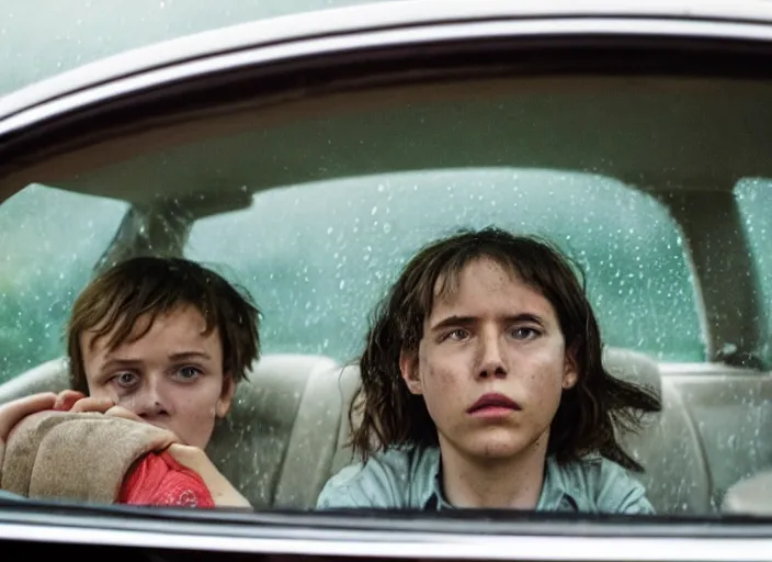 Image similar to A very high resolution image from a new movie, inside of a car, raining, hot, directed by wes anderson