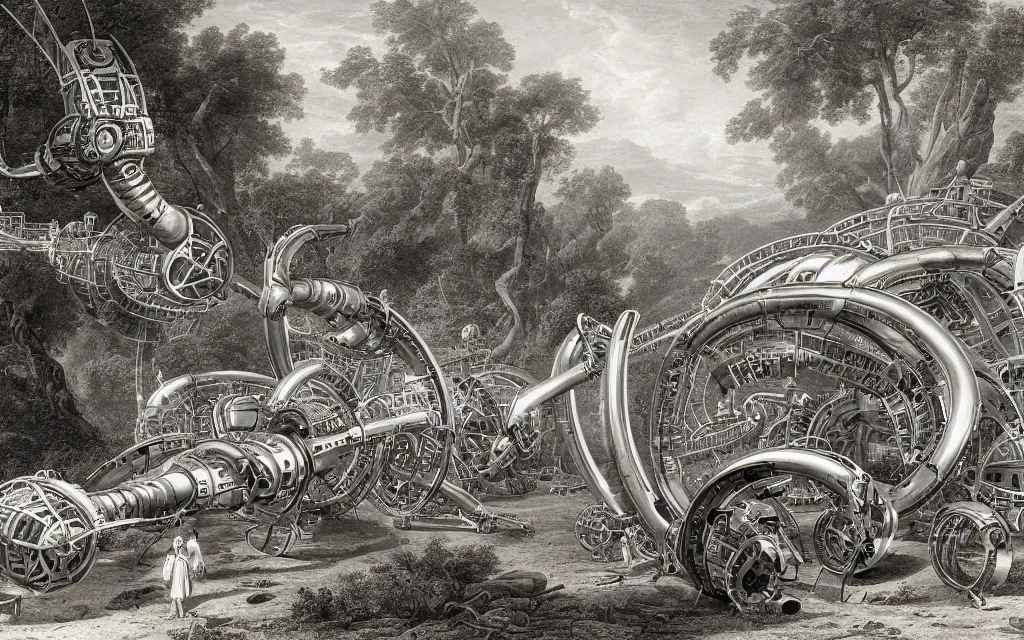 Image similar to complex alien technology that can control time, used to travel back in time or to slow down time by asher brown durand and laurie lipton