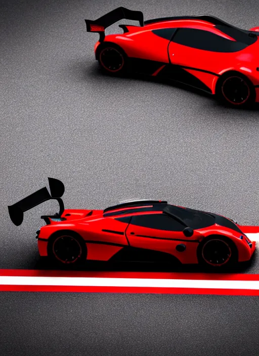 Image similar to Black with red striped Pagani Zonda R cornering on a racetrack, 3D render at 16K resolution,