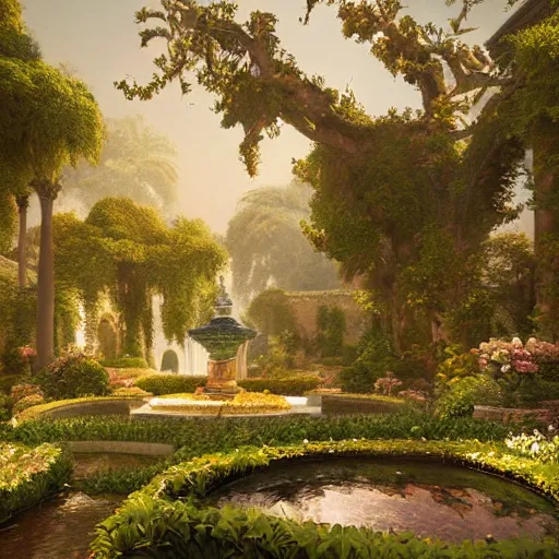 Prompt: a baroque style artwork of a paradise garden, divine, hazy, volumetric lighting, lush flora, empty, very detailed, serene, gold accents, washed out colors, beautiful artwork, master level composition, raytracing