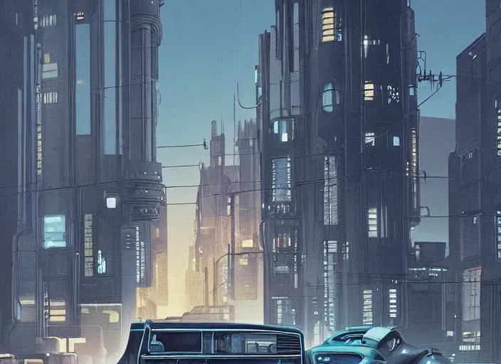 Image similar to a car bu driving down a street next to small buildings the night, cyberpunk art by Chesley Bonestell, cgsociety, retrofuturism, matte painting, reimagined by industrial light and magic