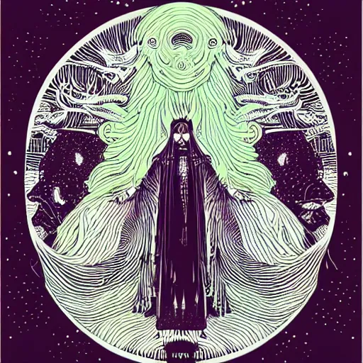 Image similar to a monsterous chtulu is connected via organic bands with a man in a long cloak, symmetrical, cinematic, dot gradient, acryl on canvas, vector + james jean