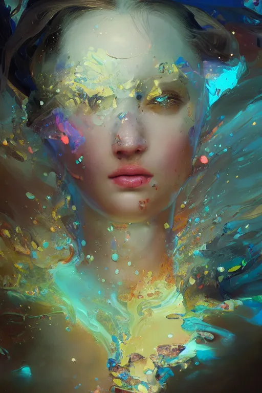 Prompt: close - up portrait of beautiful girl by irakli nadar with intricate detailed color smashing fluid oilpaint, color leaves, melting wax, broken mirror, fluid acrilic, abstract impressionism, ruan jia, scifi, fantasy, hyper detailed, octane render, concept art, by peter mohrbacher and gustav klimt,