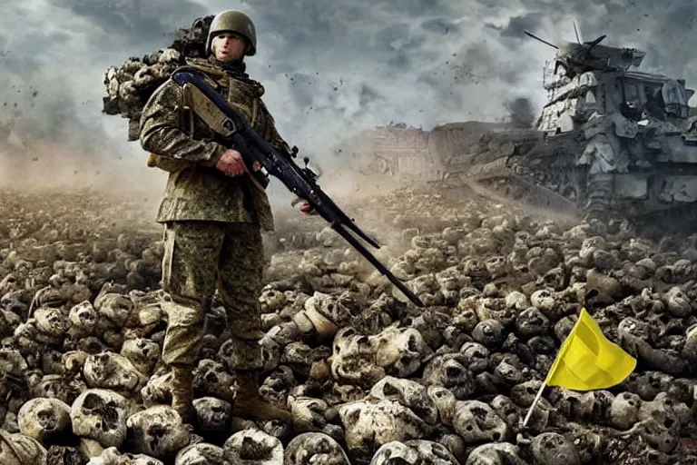 Image similar to promotional image of <Ukrainian fully equiped soldier with blue and yellow flag standing victoriously on a pile of skulls> as <Professional soldiers> in the new movie directed by <Tetsuya Nomura>, <fully equiped professional soldiers>, fantasy, detailed face, movie still frame, promotional image, imax 70 mm footage