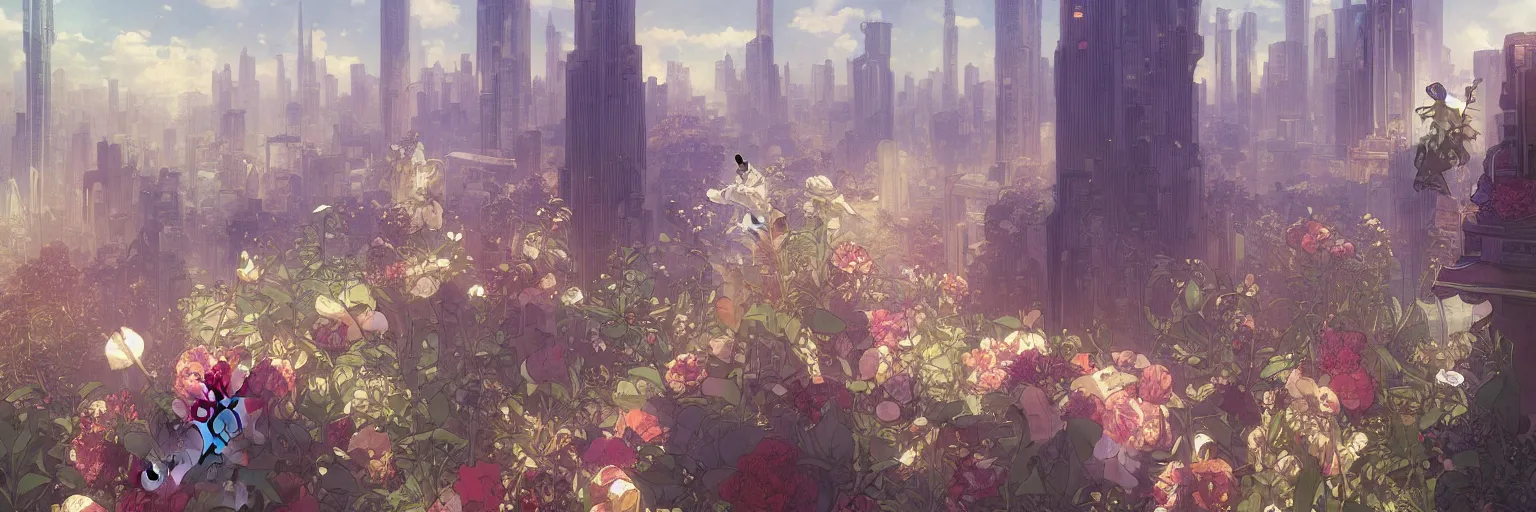 Prompt: A beautiful cityscape painting of a dystopian future with flowers and trees and skyscrapers by Alfons Maria Mucha and Julie Dillon and Makoto Shinkai